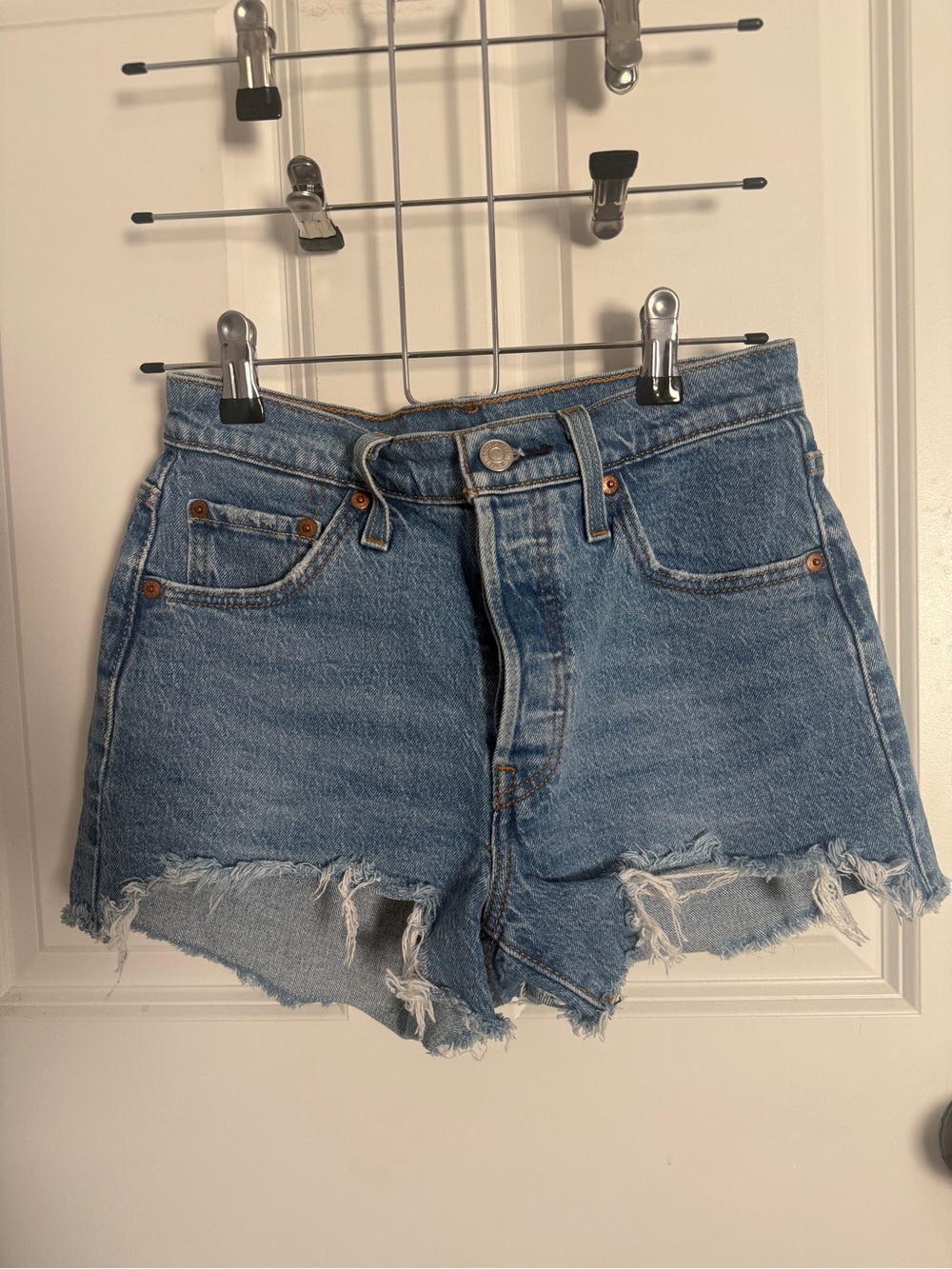 Levi's Light Blue High-Rise Frayed Hem Jean Shorts